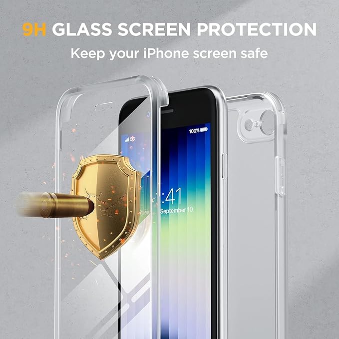 Miracase for iPhone SE Phone Case 3rd/2nd Generation 2022 2020 Full-Body with Built-in Glass Screen Protector, Heavy Duty 360° Protective Shockproof Bumper Cover for iPhone 8/SE, Matte Clear