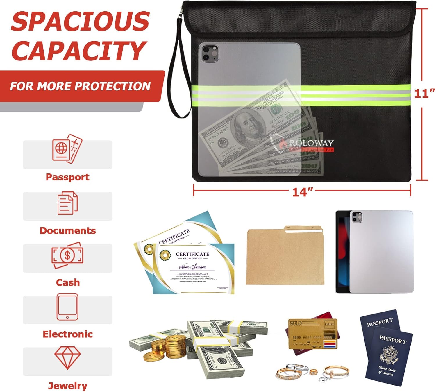 ROLOWAY Fireproof Document Bag (14 x 11 inch) with 5200℉ Upgraded Aluminum Foil Layer, Fireproof Bag for Documents with Reflective Strip and Zipper (Black)