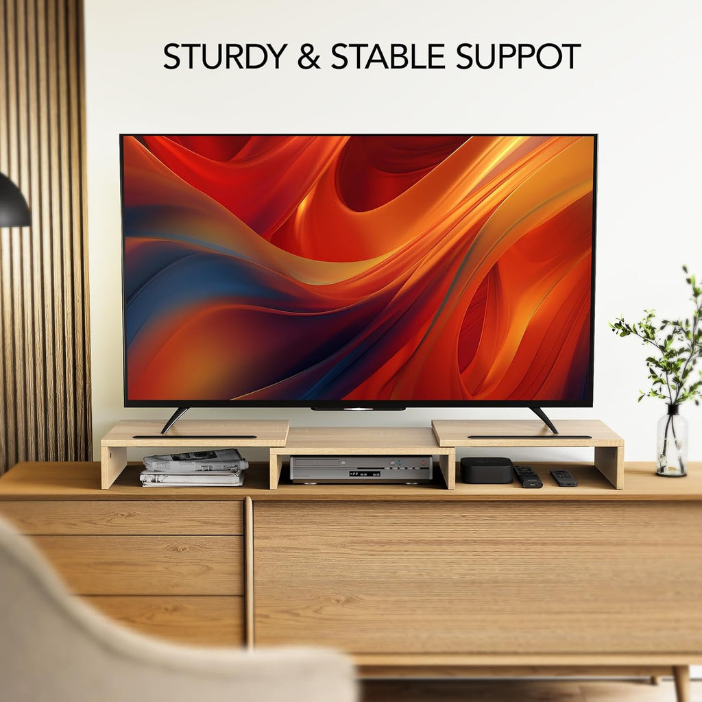 AMERIERGO Dual Monitor Stand Riser- 3 Shelf Screen Stand with Adjustable Length and Angle, 2 Extra Functional Slot Desktop Organizer Stand for PC, Computer, Laptop (Light Wood)