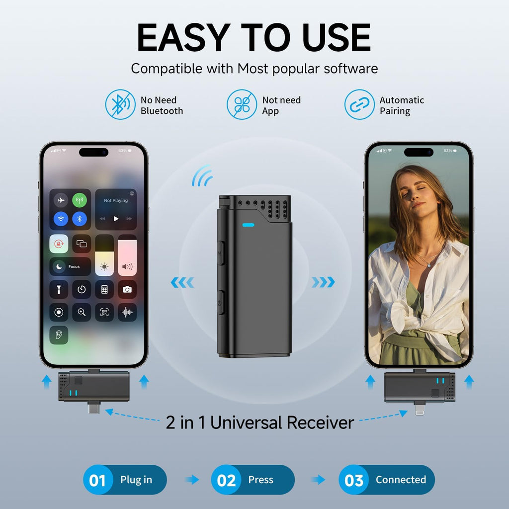 2 in 1 Professional Wireless Lavalier Microphone for iPhone iPad Android with Charging Case Noise Cancellation Plug-Play Clip on Lapel Mic for YouTube, Recording, Facebook Live Streaming