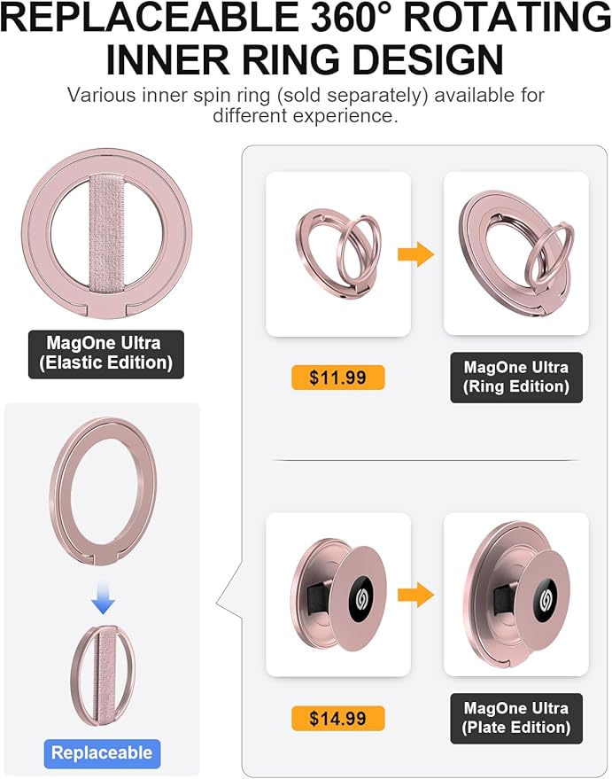 EWA MagOne Ultra Phone Grip Stand with Replaceable Elastic Finger Loop, Removable Magnetic Ring Holder Kickstand Loop, Double-Sided Magnetic Accessories for iPhone 16, 15, 14, 13 Pro/Max/Plus-Roseglod