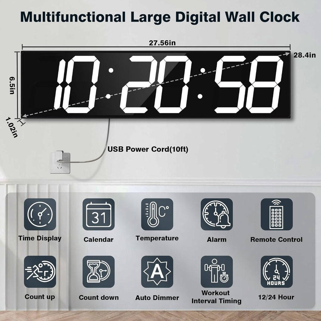 Digital Wall Clock with Large Display, 28.4‘’LED 6-Digit Large Clock with Adjustable Brightness, Multifunction Digital Timer with Countdown and Stopwatch (White)