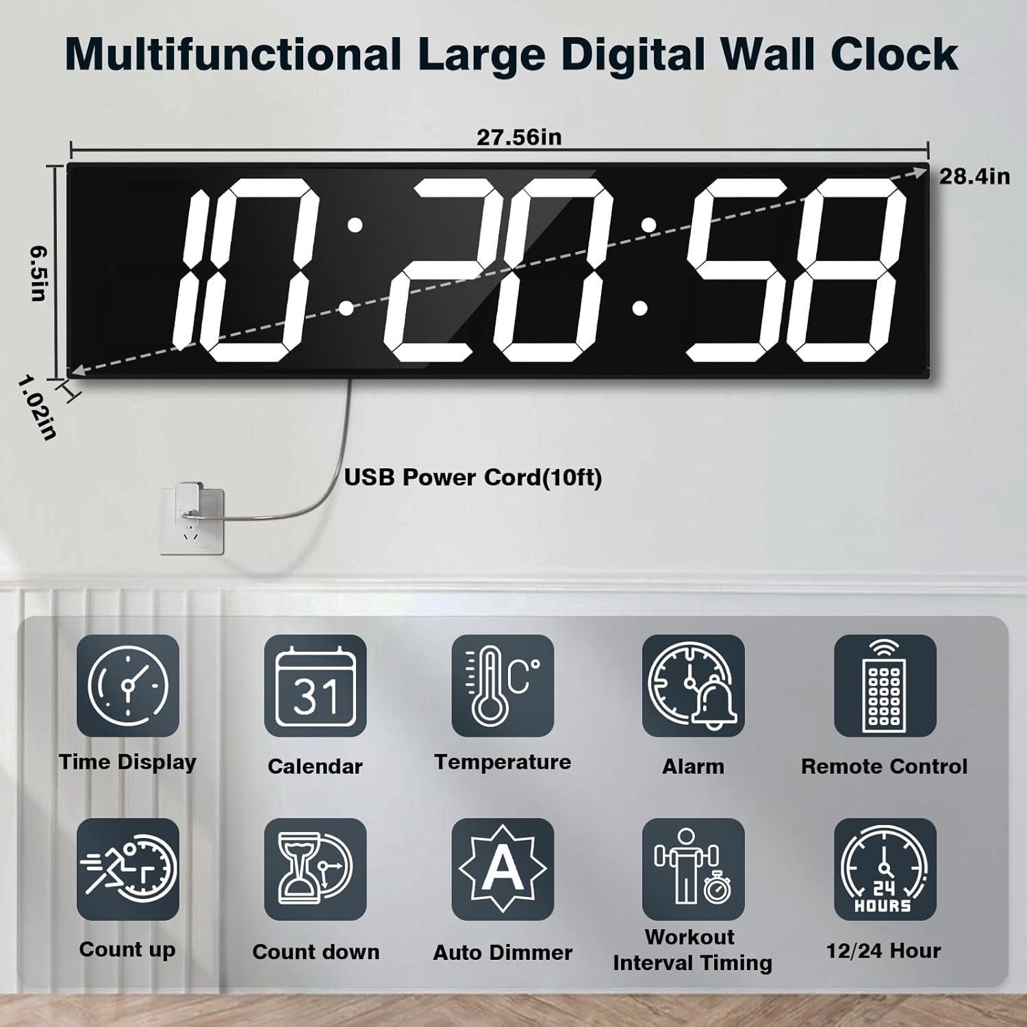 Digital Wall Clock with Large Display, 28.4‘’LED 6-Digit Large Clock with Adjustable Brightness, Multifunction Digital Timer with Countdown and Stopwatch (White)
