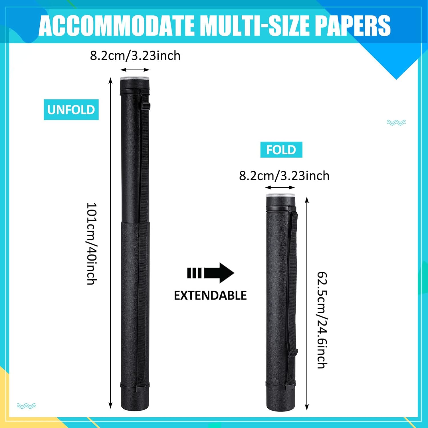 Henoyso 6 Pcs Black Poster Tube Bulk Extendable Blueprint Holder Expand from 24.5 to 40 Inch Portable Folder Organizer with Shoulder Straps and Lids for Maps, Documents, Drawings, Artworks, Scrolls
