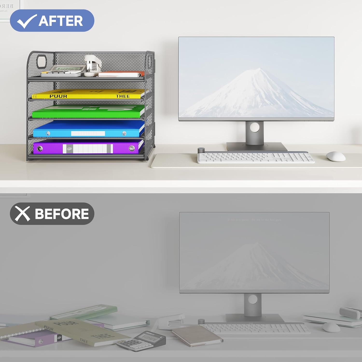 5 Tier Paper Organizer with Handle, Metal Mesh Desk Organizer File Folder Paper Letter Tray Desktop Document Sorter for Classroom, School, Office Accessories Organization and Storage - Grey