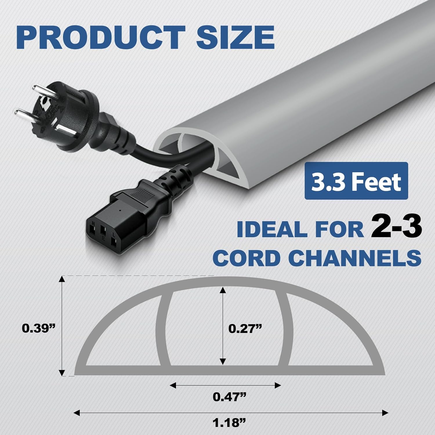 Floor Cord Cover for Wires on Floor Self Adhesive Cord Hider Floor Cable Management Wire Covers for Cords Protector Prevent Cable Trips Cord Cavity W 0.47" x H 0.27", Gray, 3.3Ft