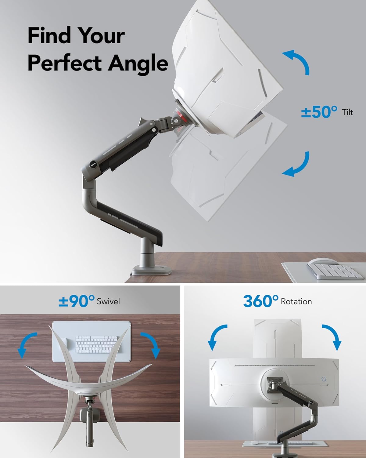 HUANUO TitanLift™ Heavy Duty Monitor Arm for Ultrawide Screens up to 49", Holds 40 lbs, Aluminum Ultrawide Screen Desk Mount, Fully Adjustable Single Monitor Mount with Dual C-Clamp, Max VESA 100x100