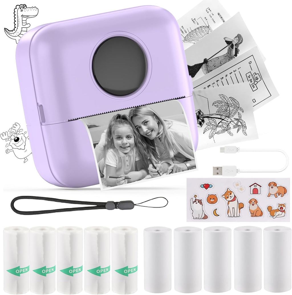 HuiJuKeJi Mini Sticker Printer Bluetooth Smart Pocket Inkless Thermal Printer with 11 Rolls Thermal Paper and Sticker for iOS&Android, Portable Receipt Printer for Photo Journal Notes Memo