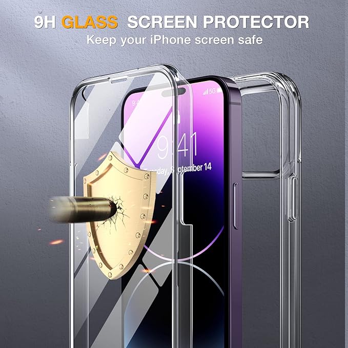 Miracase Glass Series Designed for iPhone 14 Pro Max Case 6.7 Inch, Upgrade Full-Body Bumper Case with Built-in 9H Tempered Glass Screen Protector with Camera Lens Protector, Clear