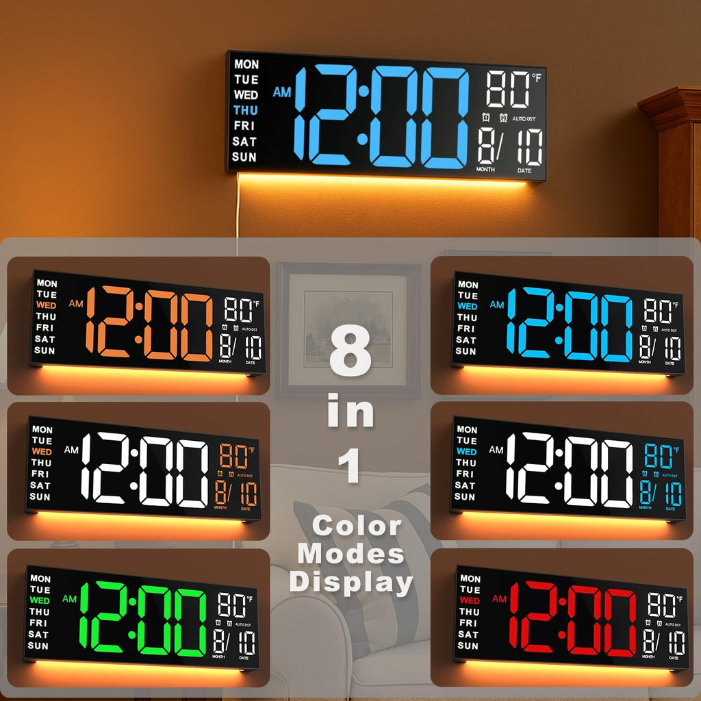 TrophyRak 16" Large Digital Wall Mount Clock, Count Down Timer, Alarm, Big LED, RGB Color, DST, Temperature for Living Room Classroom Desk, Wall, Xmas, Birthday Gift for Senior Mom Dad, Blue White