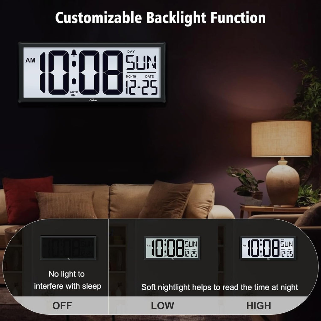 WallarGe Backlight Digital Wall Clock Battery Operated - with Temperature and Date 14.5'' Large Digital Wall Clock, Easy to Read and Set, Auto DST