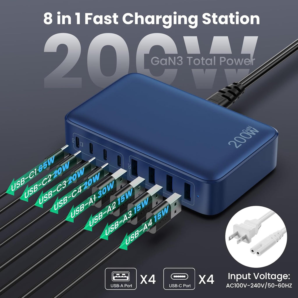 USB C Charger 200W USB C Charger Block,Upgraded GaN III 8-Port Fast Charging Station Hub,PD 65W Laptop Charging Adapter Compatible with MacBook Pro/Air,DELL,Steam Deck,iPhone 16/15/14,Galaxy S23/22