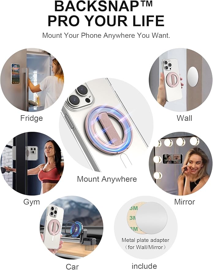 EWA MagOne Ultra Phone Grip Stand with Replaceable Elastic Finger Loop, Removable Magnetic Ring Holder Kickstand Loop, Double-Sided Magnetic Accessories for iPhone 16, 15, 14, 13 Pro/Max/Plus-Roseglod