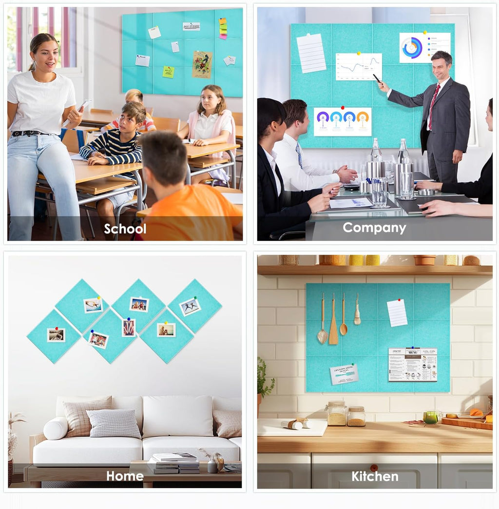 Cork Board for Wall,48"x36" 12 Pack Felt Wall Tiles with Safe Removable Adhesive Tabs, Bulletin Boards for Home Office Kitchen, Pin Board Notice Board for Photos, Memos, Baby Blue