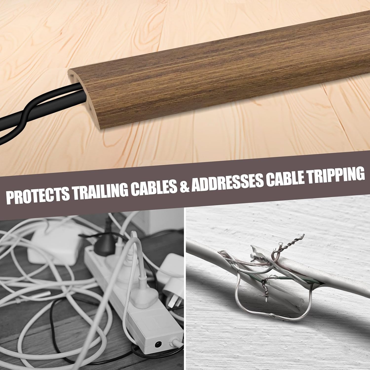 Floor Cord Cover Cable Cavity Self Adhesive Cord Hider Floor 10FT Floor Cable Management Power Cord Protector Floor Electric Cord Covers for Offices, Gym, Exhibitions (Misty Brown Wood, 1.18" x 20')