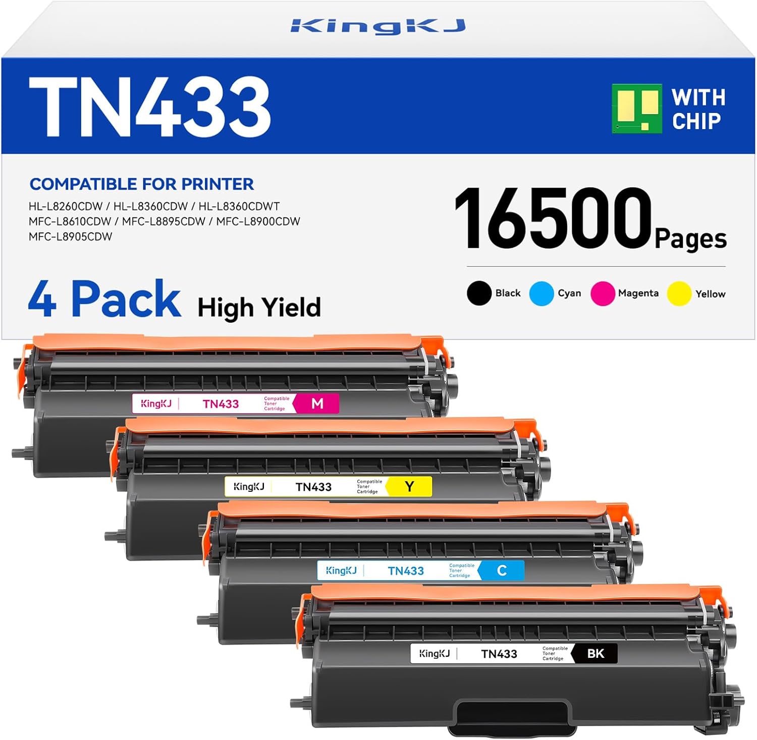TN433 Toner Cartridge 4-Pack Replacement Compatible for Brother TN-433 TN431 TN436 MFC-L8900CDW MFC-L8690CDW HL-L8360CDW HL-L8260CDW MFC-L8610CDW MFC-L8905CDW MFC-L9570CDW HL-L8360CDWT Printer Set Ink