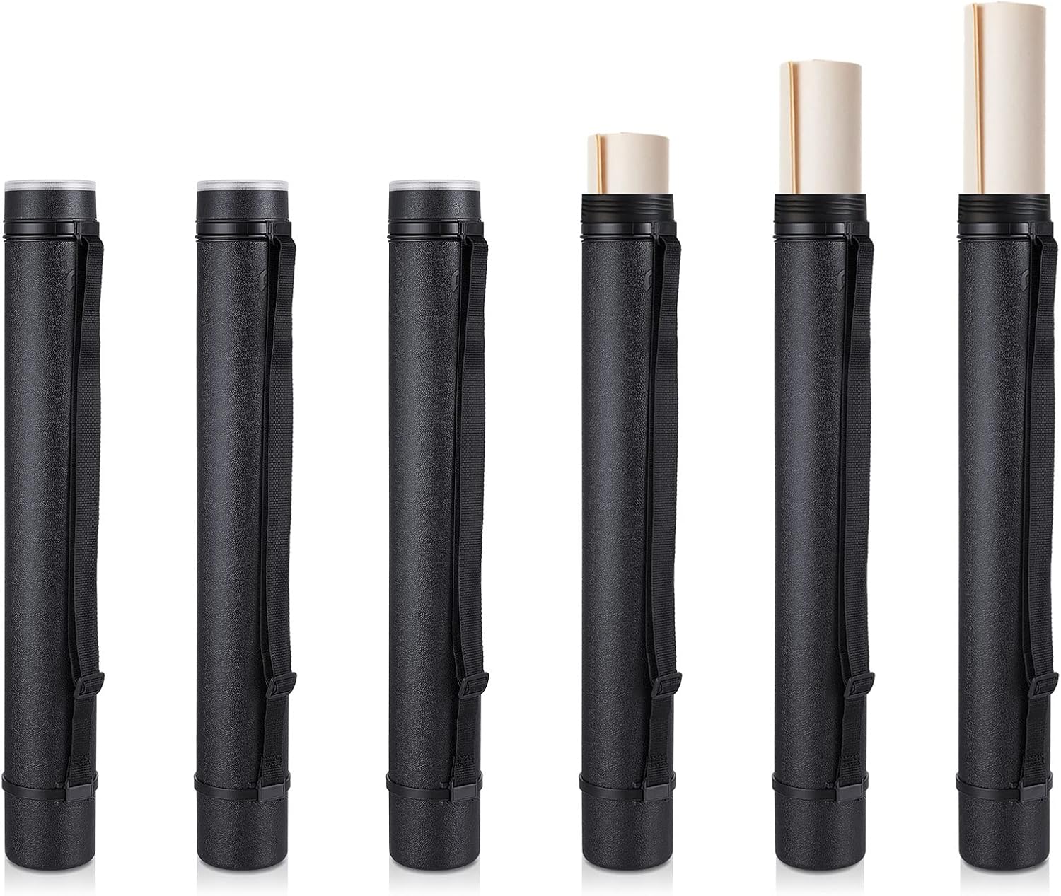 Henoyso 6 Pcs Black Poster Tube Bulk Extendable Blueprint Holder Expand from 24.5 to 40 Inch Portable Folder Organizer with Shoulder Straps and Lids for Maps, Documents, Drawings, Artworks, Scrolls