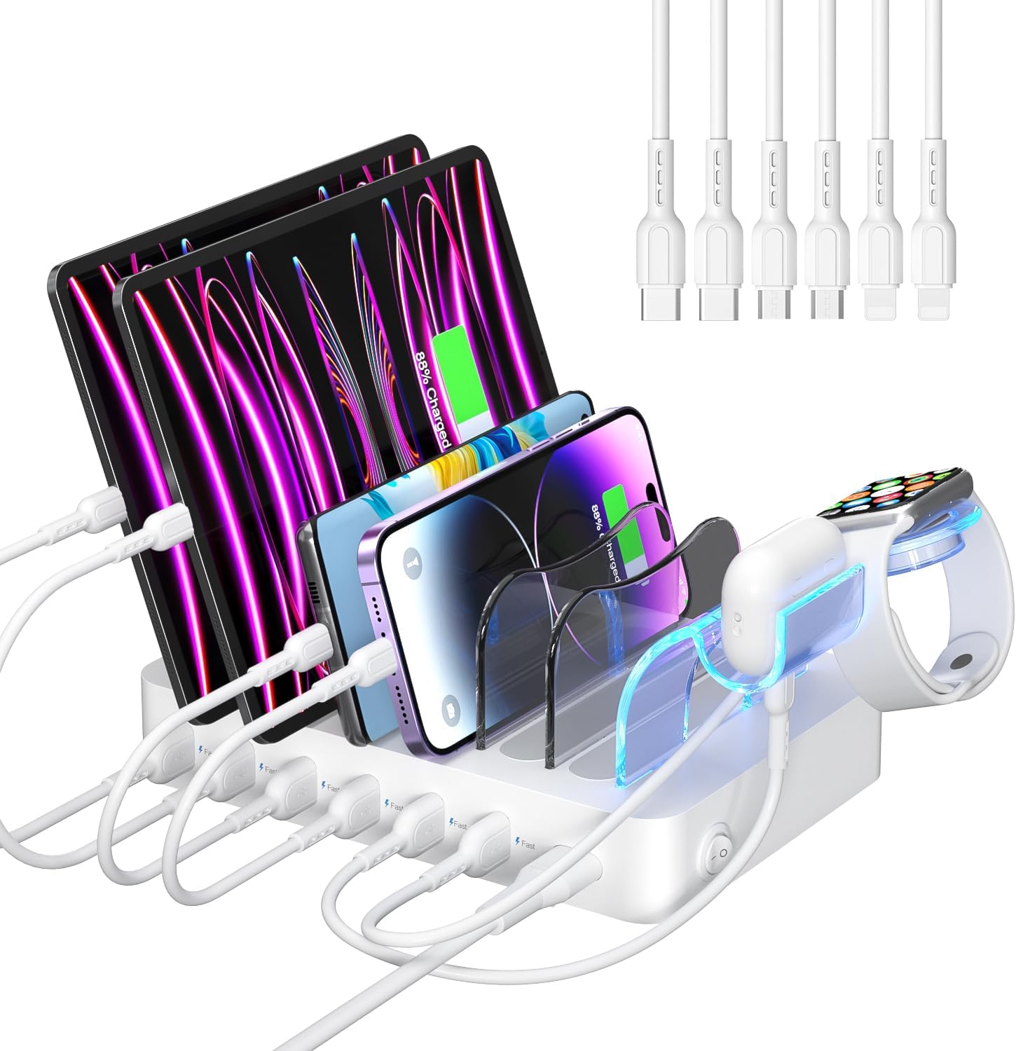 SooPii Premium 6-Port USB Charging Station Organizer for Multiple Devices, 6 Short Charging Cables and One Upgraded i-Watch Charger Holder Included, for Phones, Tablets, and Other Electronics, White