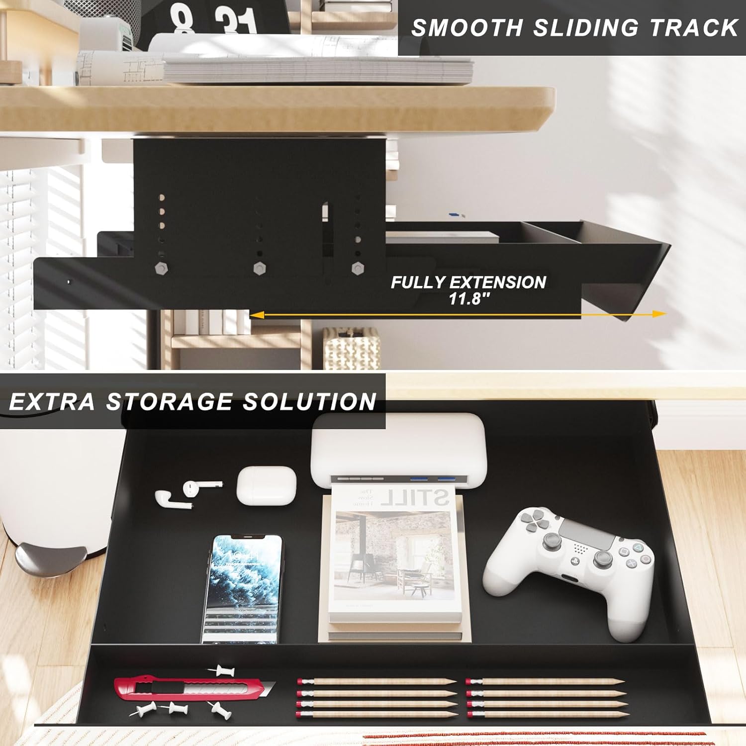 Under Desk Mounted Sliding Pull-Out Drawer Height Adjustable Apply to Tables with Front Crossbar,Adjustable Clearance Up to 3.5",Compatible with Most Stand Up Workstation