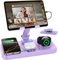 30W Charging Station for Apple Products, Foldable Wireless Charger with Clock Display&7 Color Light, Wired Charging for iPad/Tablet Charging Station for iPhone17, for Apple Watch10 for AirPods4(Purple