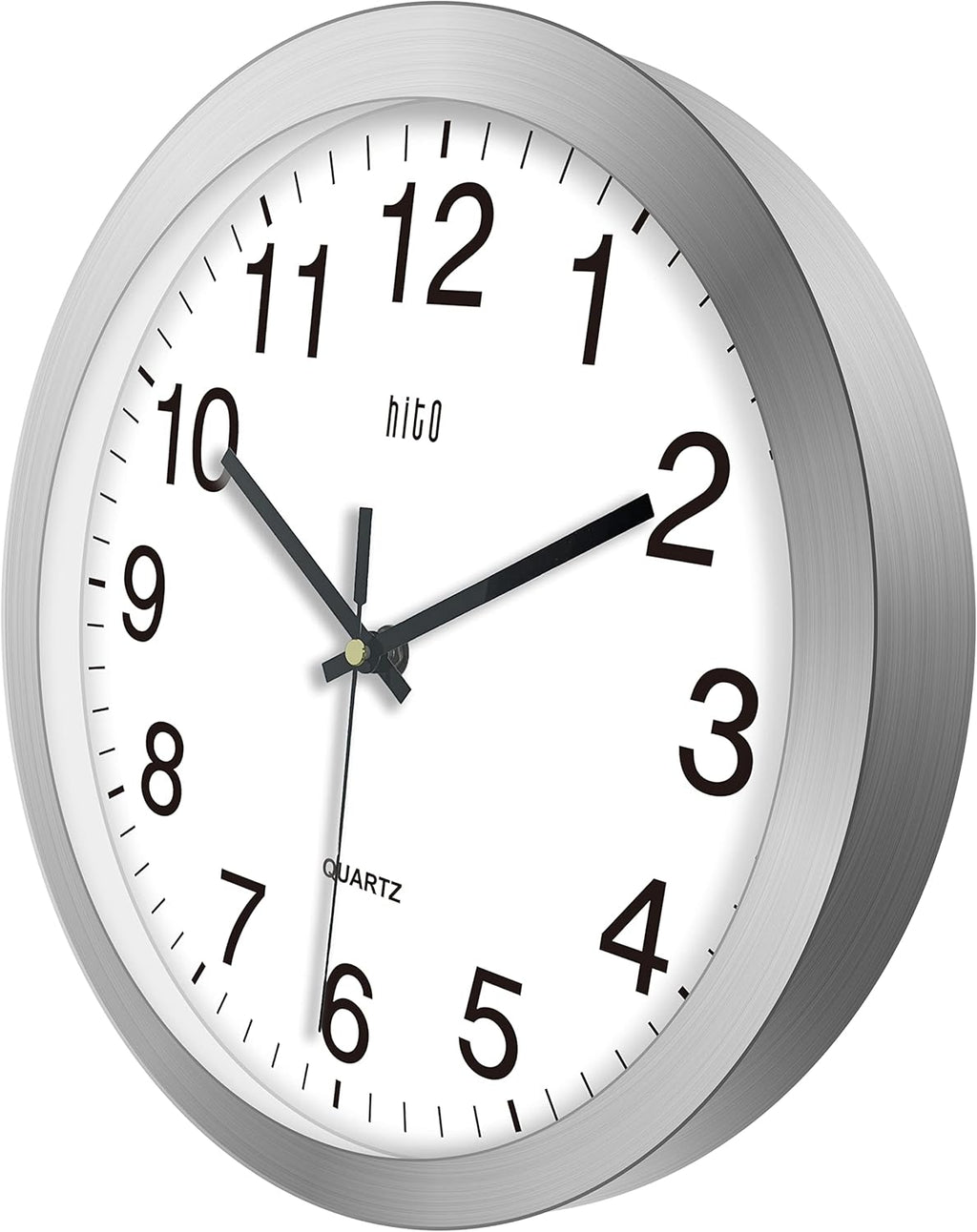 HITO 12 Inch Silent Wall Clock Battery Operated Non Ticking Glass Cover Silver Aluminum Frame, for Kitchen, Bedroom, Home Office, Living Room Decor