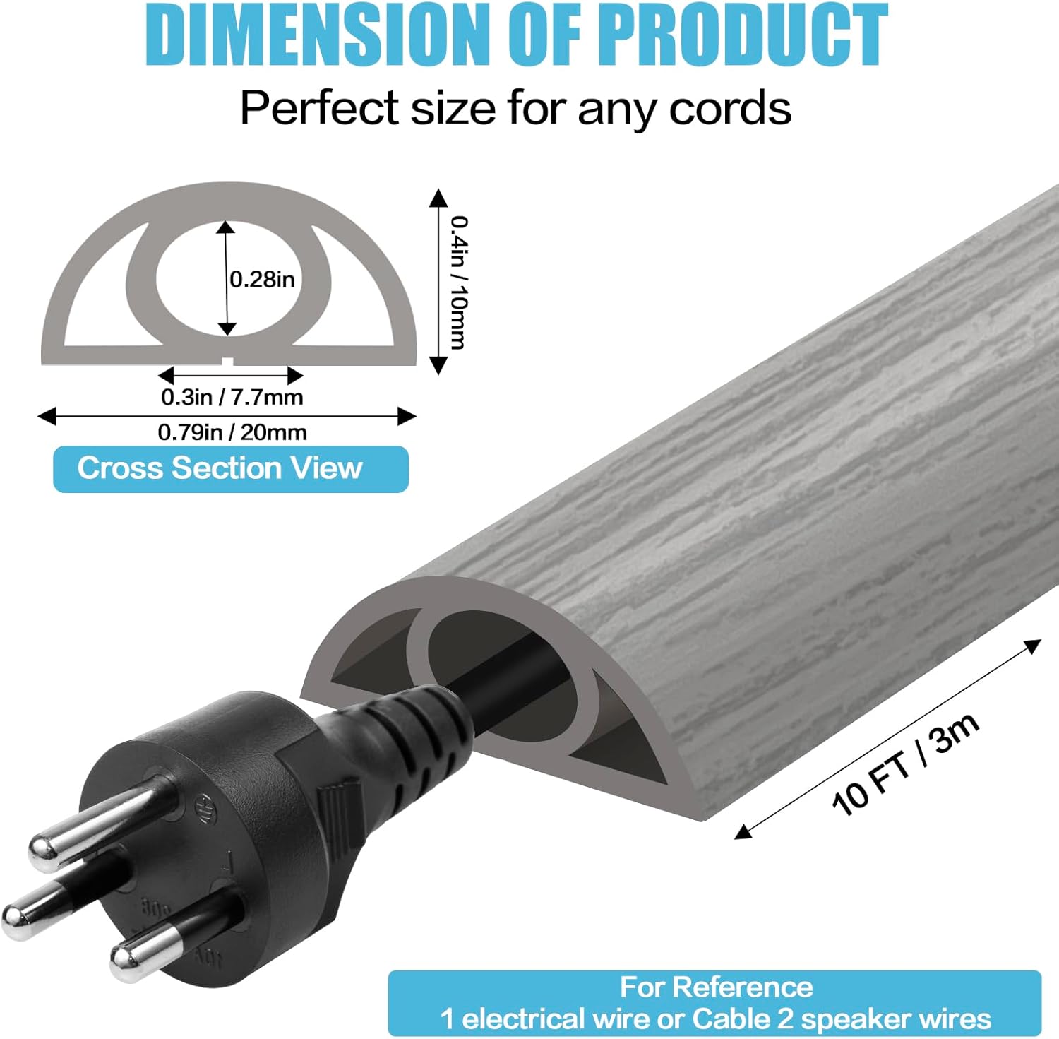 Floor Cord Cover Self Adhesive Cord Hider,10FT Cable Management, Extension Strip Protector for Wires, Prevent Cable Trips for Offices, Gyms, Exhibitions Cavity:0.3"(W) x 0.28"(H) Gray Wood