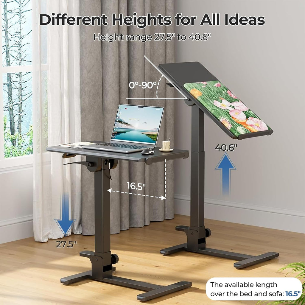 Foldable Mobile Standing Desk, 27 Inch Small Rolling Laptop Cart Height Adjustment, 90° Tiltable Sofaside Table, No Assembly Needed Portable Computer Workstation, Black