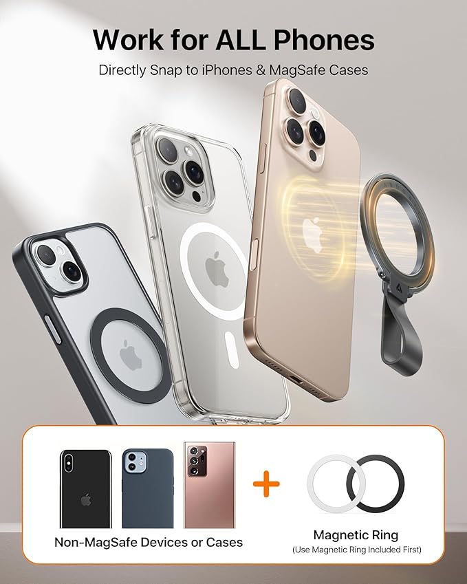andobil [2025 Unrivaled Stability] Magnetic Phone Grip Holder for MagSafe Ring Stand Holder Kickstand Compatible with MagSafe Accessories for iPhone 16 Pro Max Plus iPhone15/14/13/12&Android,SpaceGrey
