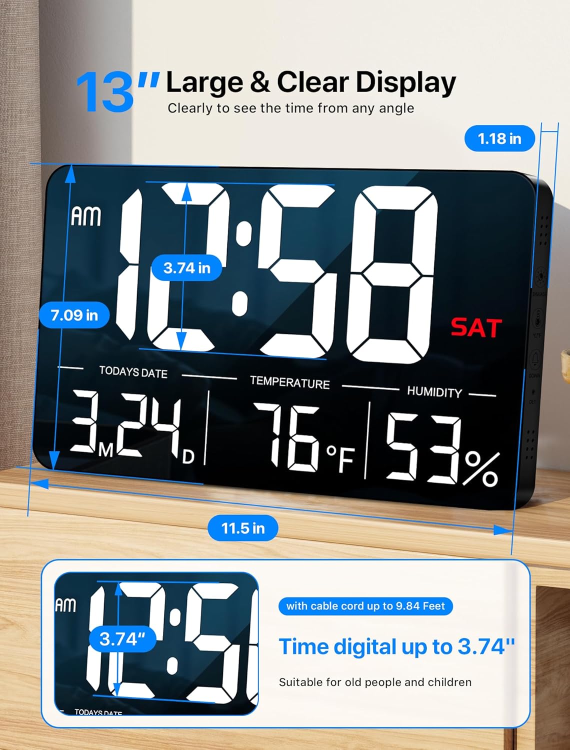 MASHI Digital Clock,13" Large Display Digital Wall Clock, Adjustable Brightness Calendar Clock with Day and Date,DST,Alarms,Humidity, Temperature for Desk, Wall Mounted, Gift for Elderly