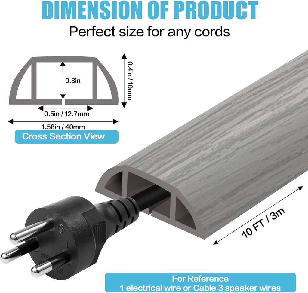 Floor Cord Cover Self Adhesive Cord Hider,10FT Cable Management, Extension Strip Protector for Wires, Prevent Cable Trips for Offices, Gyms, Exhibitions Cavity:0.51"(W) x 0.3"(H) Gray Wood