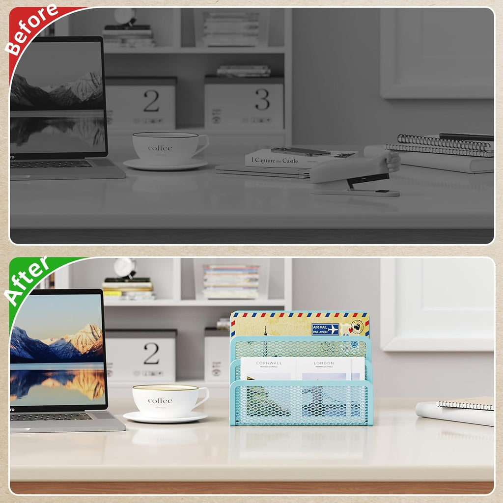 Marbrasse Mail Organizer for Desk, 3-Slot Mesh Metal Mail Holder countertop, Letter Holder, Office Desktop Envelope and Document Storage Rack (Blue)