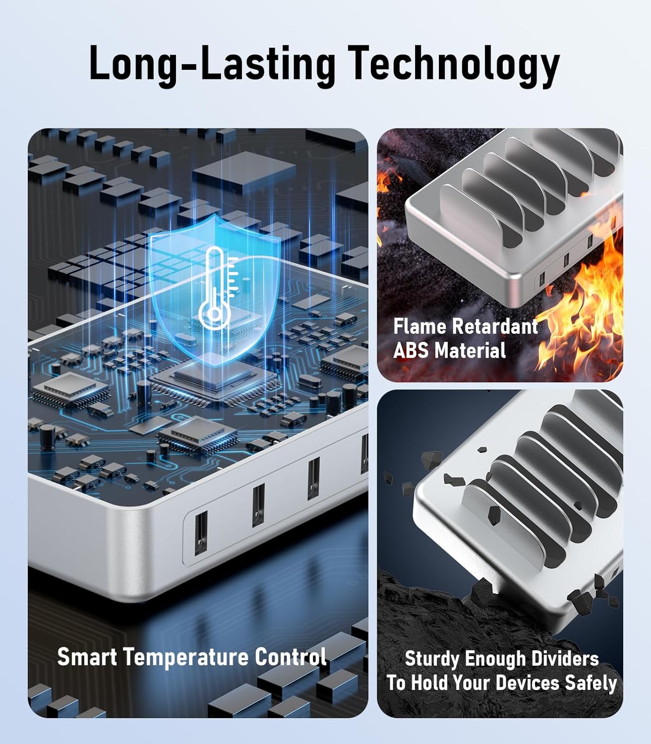CREATIVE DESIGN 6 Port Charging Station for Multiple Devices,50W Multi Phone Charging Station with 6 Cables, Multiple USB Charger Station Designed for Cellphone iPad iPhone Tablet (Silver)