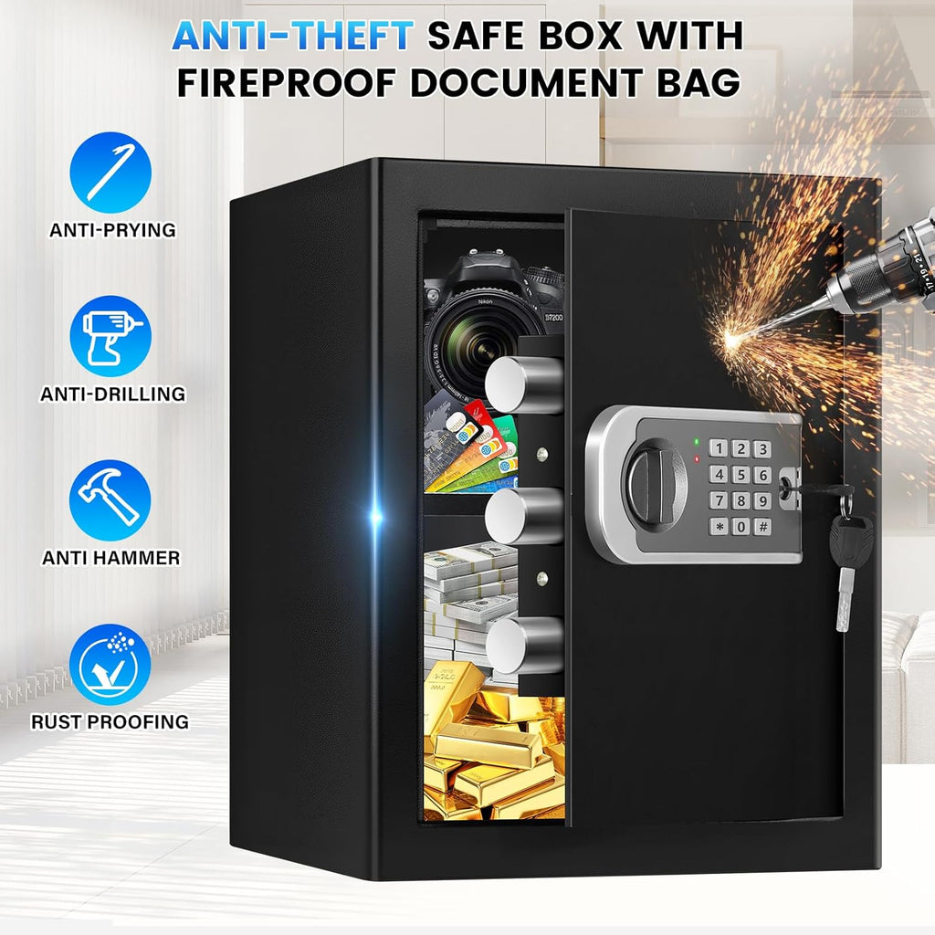 1.8 Cuft Safes for Home, Fireproof Safe Box, Home Safes Fireproof Waterproof with Electronic Keypad, Spare Key, Smart Alert, Security Fire Proof Safe for home documents Money Medicine