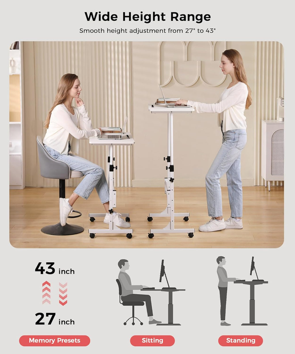 KLSMYHOKI Portable Standing Desk Adjustable Height, Small Computer, Laptop, Mobile Stand Up Rolling Desk with Wheels, Table for Home Office, 16"x31.5" Height 27"-43.5", White
