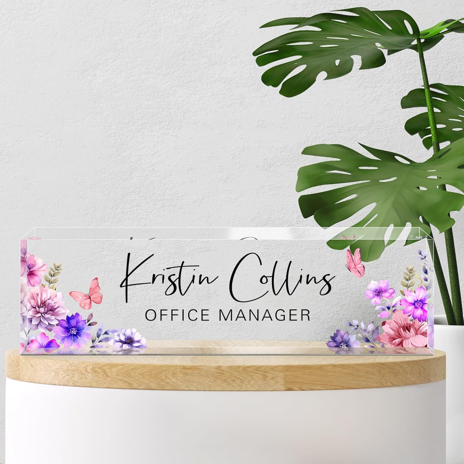Custom Name Plate for Desk, Acrylic Office Decor For Women Men, Personalized Office Desk Accessories, Teacher Employee Appreciation Gifts For Social Worker Boss Coworkers (Purple Flower-3)