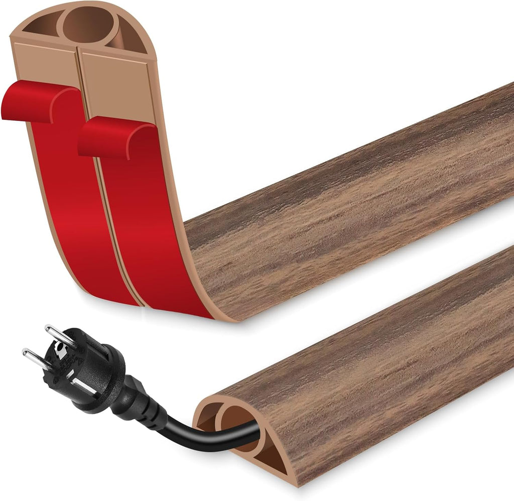 Floor Cord Cover for Wires on Floor Self Adhesive Cord Hider Floor Cable Management Wire Covers for Cords Protector Prevent Cable Trips Cord Cavity W 0.32" x H 0.32", Misty Brown Wood, 20Ft