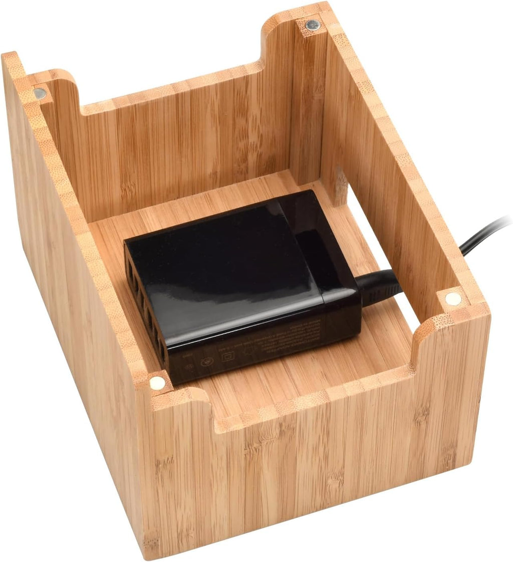 Bamboo Universal Multi Device Cord Organizer Stand and Charging Station for Smartphones, Tablets, and Laptops Includes 6-USB Port Hub Charger with Power Supply