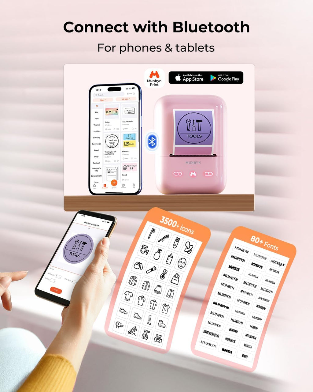 MUNBYN FM226 Label Maker Machine with Tape,203 DPI High Printing 8H Battery Life 2 Inch Bluetooth Portable Thermal Sticker Printer for Small Business, Address, Clothing with 1.97''x1.18'' Label(Pink)