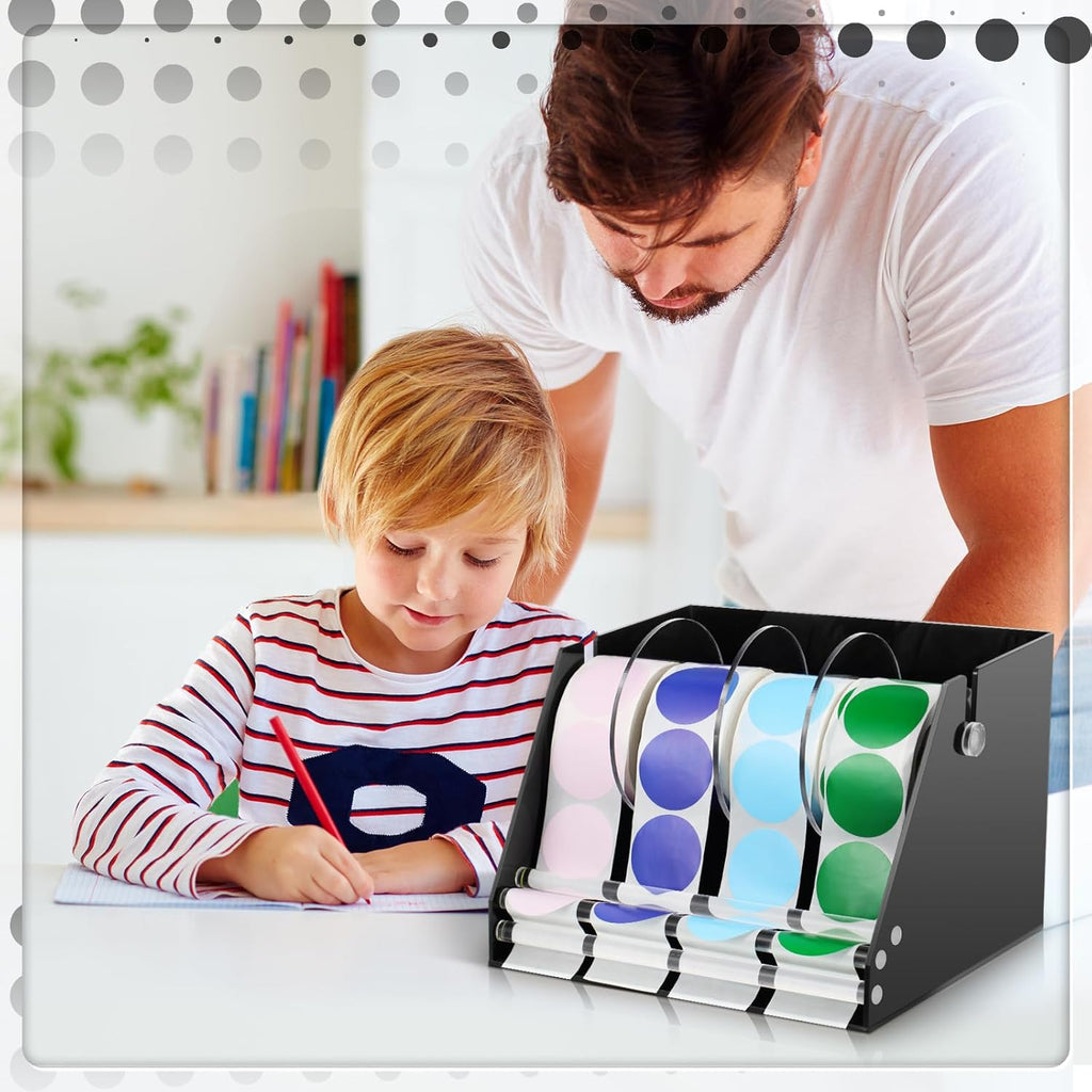 Adjustable Label Dispenser Acrylic Sticker Roll Dispenser Label Roll Holder Multi Use Sticker Holder Organizer Stand for School Gifts and Home Office Desktop(4 Disks)