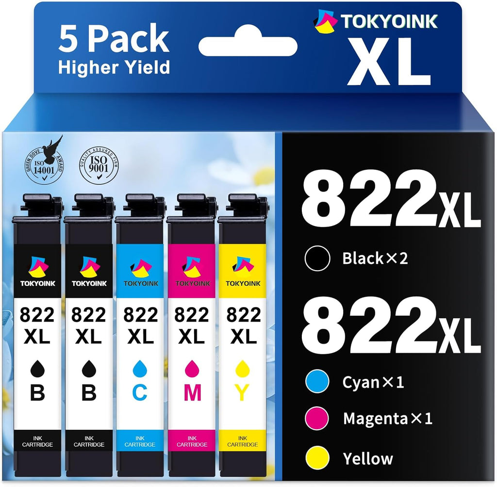 822XL Remanufactured Replacement for Epson 822XL Ink Cartridges Combo Pack 822 822 XL T822XL Ink for Workforce Pro WF-3820 WF-4830 WF-4820 WF-4830 WF-4833 WF-4834 Printer (5 Pack)