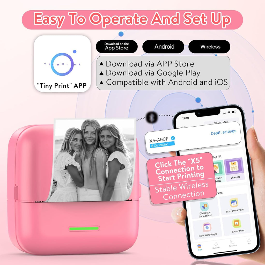 HuiJuKeJi Mini Sticker Printer Bluetooth Smart Pocket Inkless Thermal Printer with 11 Rolls Thermal Paper and Sticker for iOS&Android, Portable Receipt Printer for Photo Note Memo (Rose)