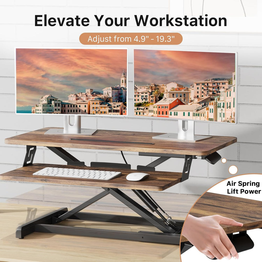 JOY worker Standing Desk Converter, 32" Wide Height Adjustable Sit Stand Up Desk Riser with Keyboard Tray, Desktop Workstation Riser for Home Office Computer Laptop, Particle Board, Rustic