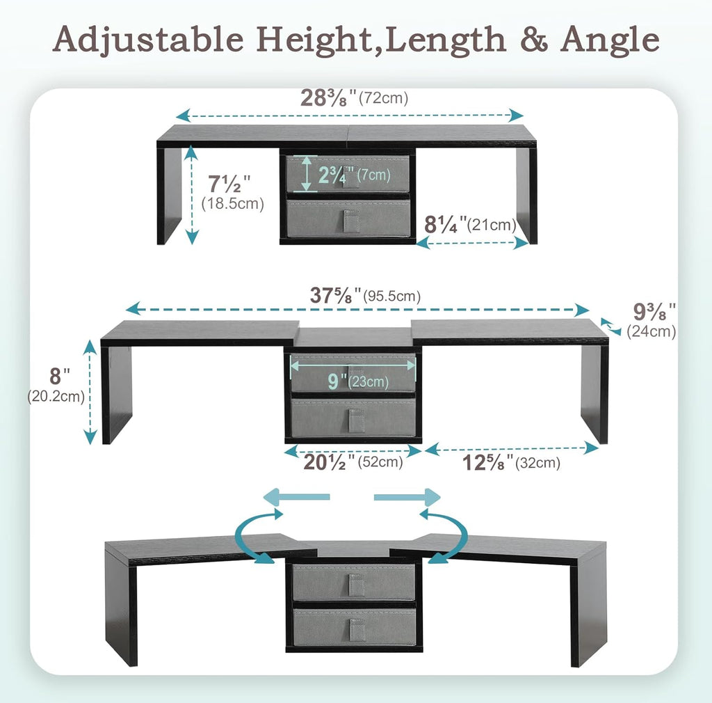 TEAMIX Dual Monitor Stand Riser with 2 Drawers-Length and Angle Adjustable 3 shelf Monitor Riser with Storage Desk Organizer Large Computer Monitor Stand for 2 Monitors/Laptop/PC,Wood Screen/TV Stand