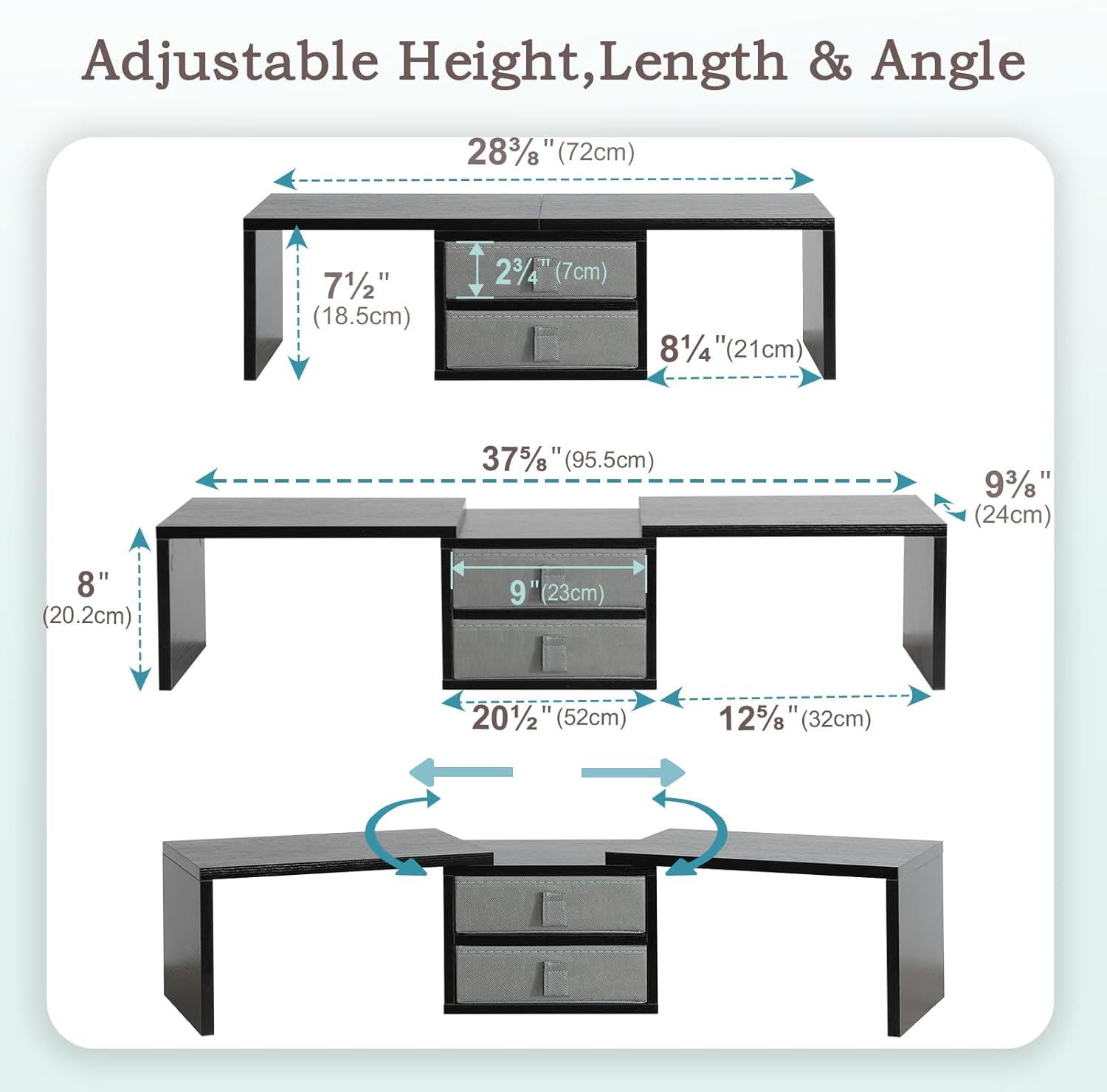 TEAMIX Dual Monitor Stand Riser with 2 Drawers-Length and Angle Adjustable 3 shelf Monitor Riser with Storage Desk Organizer Large Computer Monitor Stand for 2 Monitors/Laptop/PC,Wood Screen/TV Stand