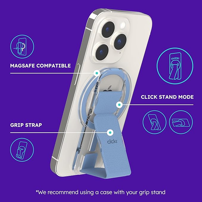 CLCKR for MagSafe Phone Grip for MagSafe Kickstand Compatible with Mag Safe Finger Loop, 3-in1 Phone Ring Holder Strap for Mag Safe iPhone 16/15/14/13/12 Series, Galaxy S25/S24/S23/S22, Pixel - Blue