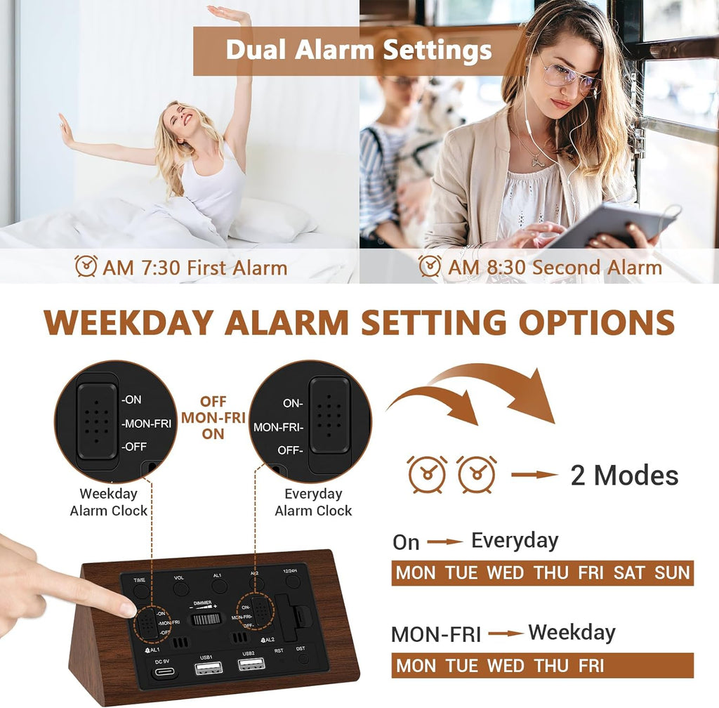 Kogonee Wooden Digital Alarm Clock, 0-100% Dimmer, 2 Alarm Settings, Weekday/Everyday Mode, 9 Mins Snooze, 12/24H, Temperature and Date Display for Office, Travel, Bedroom Alarm Clock (Brown)