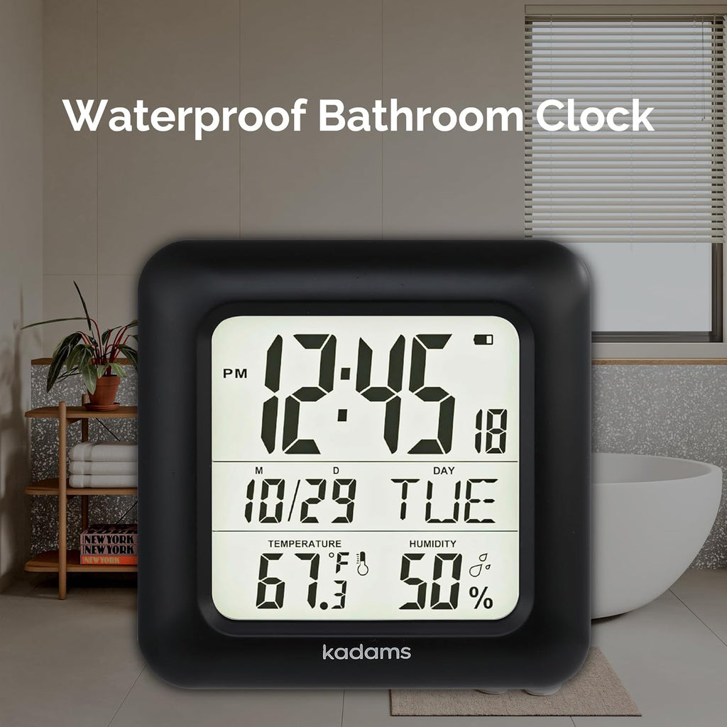 KADAMS Bathroom Clock 9.5" Kitchen Wall Clock with Large LCD Screen – Shower Clock with Suction Cup,Temperature, Humidity, Calendar – Water-Resistant, 4 Mounting Options, Black