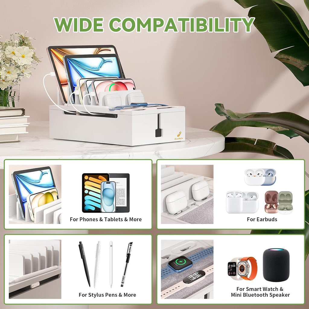 Pezin & Hulin Bamboo Charging Station for Multiple Devices, USB Charger Dock Organizer, with Power Supply (10 Ports HUB), 6 Cables, Cable Management Organizer for Cell Phones, Tablets -White