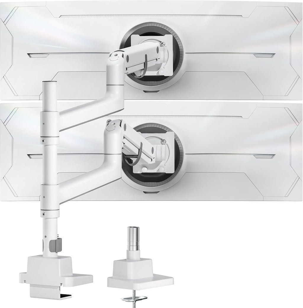 monTEK Dual Monitor Arm for up to 57" and 59.4 lbs Ultrawide Screen, Aluminum Heavy-Duty Gas Spring Vertical Stackable Curved Screen Adjustable Monitor Stand, 75/100mm Vesa Mount, White