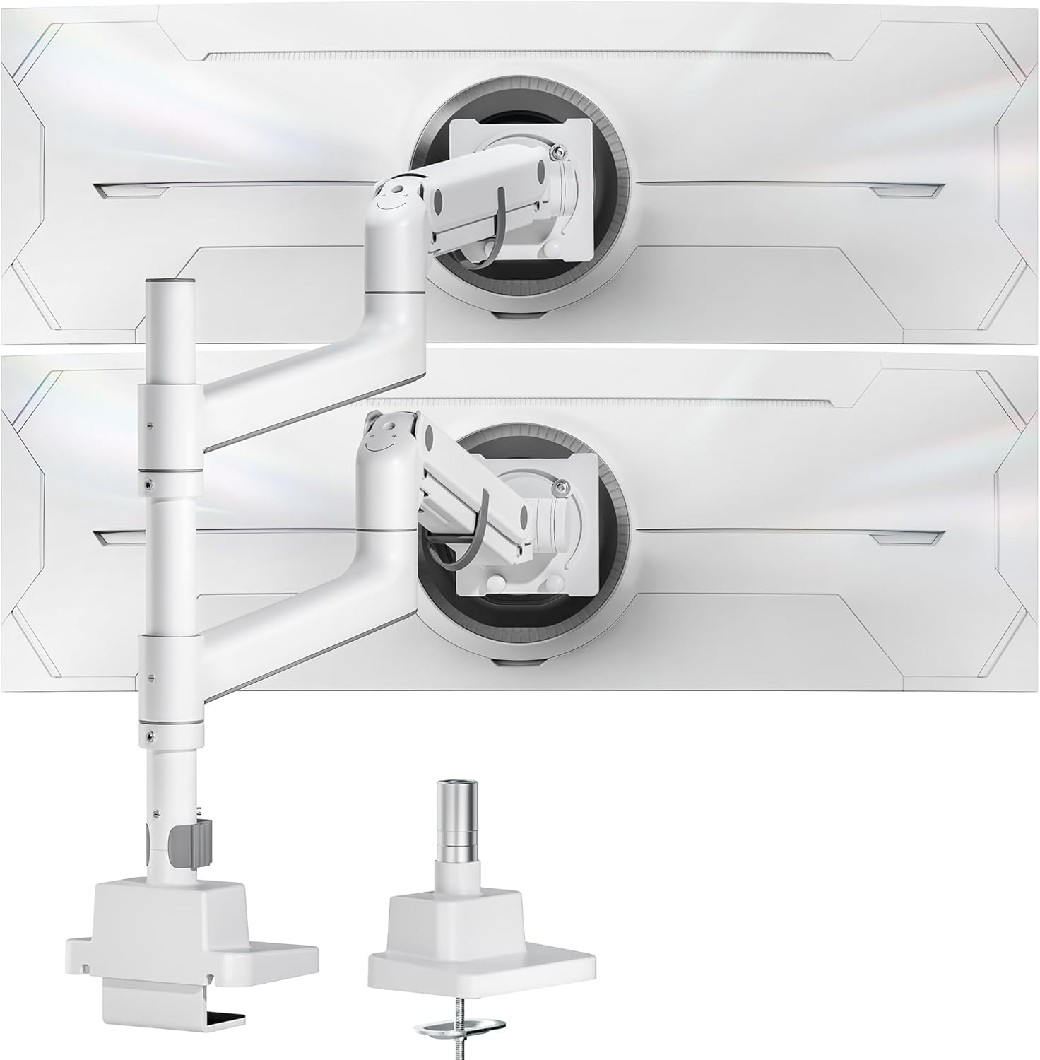 monTEK Dual Monitor Arm for up to 57" and 59.4 lbs Ultrawide Screen, Aluminum Heavy-Duty Gas Spring Vertical Stackable Curved Screen Adjustable Monitor Stand, 75/100mm Vesa Mount, White